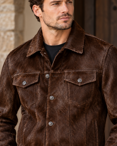 Chaqueta de Cuero para Hombre, Color Marrón, con Pelo de Vaca, Estilo Vintage, Cuello Camisero, Cierre de un Solo Botón - Product Image 6