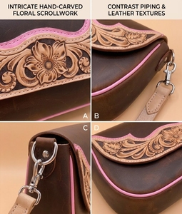 Women's Fashion Genuine Leather Western Tooled Embossed Floral Single <b>Strap</b> <b>Shoulder</b> Crossbody Bag Daily Use - Product Image 3