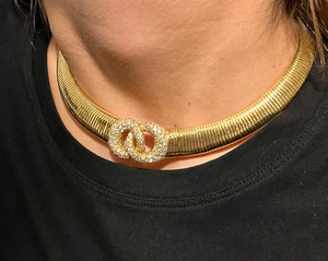 Luxury Vintage Women's 18K Gold Plated <b>Snake</b> Chain Choker Necklace with Pav Diamond Double <b>Ring</b> Clasp - Product Image 2