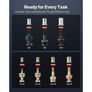 Kit d'outils à rivets à deux mains de 14 pouces, 7 mandrins, 70 écrous, taille métrique SAE M6 M8 M10 10-24 1/4-20 5/16-18, réparation automobile - Product Image 2