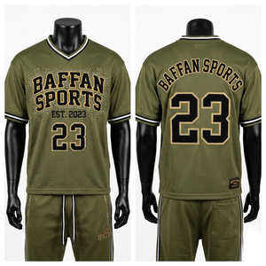 Conjunto de jersey y pantalón de malla de poliéster transpirable premium, color verde oliva con ribete negro, logotipo bordado personalizado, jersey y pantalón de malla para hombre - Product Image 1