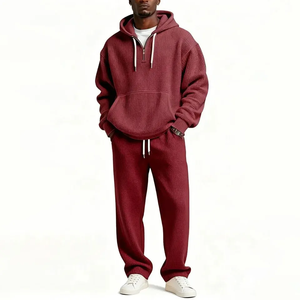 Ensemble sweat à capuche côtelé et pantalon de survêtement bordeaux pour homme, taille élastique avec cordon de serrage, tenue décontractée pour l'automne - Product Image 1