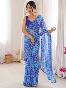 Sari en Georgette KV pour femme, imprimé numérique à la main, teinture Bandhani, avec blouse non cousue (Bleu) - Product Image 2