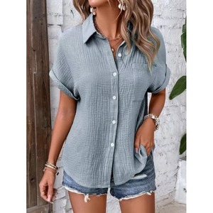 Women Casual Cotton <b>Blouse</b> Vintage Summer <b>Short</b> <b>Sleeve</b> Slim Shirt Elegant Turn Down <b>Collar</b> Solid Casual Loose Fit Breathable - Product Image 3