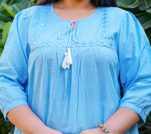 Embroidered Cotton Blend <b>Top</b> Light Blue <b>Keyhole</b> Neck Regular Sleeves Plus Size Women's SOLID Casual Wear Wholesale Ladies <b>Top</b> - Product Image 6