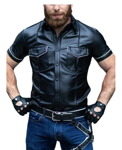 Wholesale Price Men's Faux Leather <b>T</b> <b>Shirt</b> with Chest <b>Pockets</b> Slim Fit Stand Collar Fashion Apparel OEM Service Plain Dyed - Product Image 4