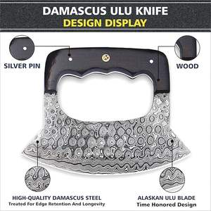 Couteau Ulu d'Alaska en acier Damas fait main sur mesure, avec fourreau en cuir, manche en bois Pakka, coupe-pizza, lame forgée, couteaux ambidextres - Product Image 2