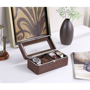 8\" Long Brown Leather & Tempered Glass 4-Slot <b>Watch</b> Display <b>Case</b> Premium <b>Watch</b> <b>Boxes</b> & <b>Cases</b> - Product Image 4