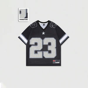 Maillot de football américain pour femme en maille ornée de strass, coupe oversize, style streetwear, col en V, respirant, en polyester, avec numéro scintillant, OEM - Product Image 2