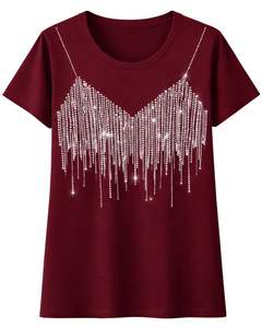 Camiseta de Algodón para Mujer Color Borgoña, Diseño de Corazón con Pedrería, Estilo Casual de Manga Corta, Top de Verano, Fabricante de Logotipos Personalizados OEM - Product Image 1