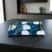 Plateau de service rectangulaire en verre, motif marbré bleu et blanc, design moderne fait main, assiette décorative pour la table à manger