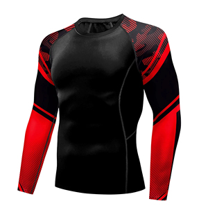 <b>Men's</b> Black Red Full Sleeve <b>Compression</b> <b>Shirt</b> Crew Neck Fitted Moisture Wicking Breathable Quick Dry Geometric Print Sport Top - Product Image 4