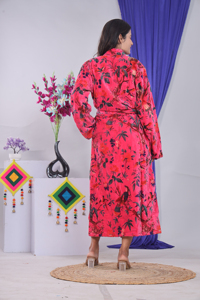 Kimono de Terciopelo Talla Grande con Estampado de Pájaros Rosados, Bata de Novia Ecológica Informal para Mujer, Bata de Novia de Algodón y Terciopelo - Product Image 4