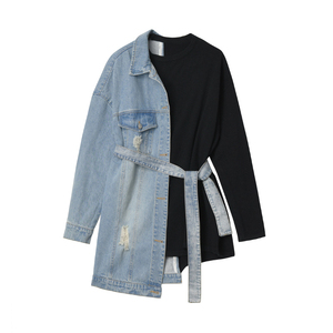 Mixed Media Hoodies Hybrid Denim <b>Jacket</b> Black Sweatshirt Women's Belted Patchwork Long Sleeve Casual Streetwear Trendy Apparel - Product Image 1