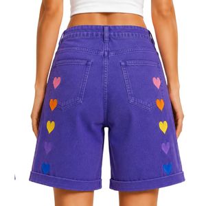 Royal Purple <b>Rainbow</b> Heart Embroidered Women Denim Shorts High Waist Casual Loose Fit Rolled Hem Cotton Summer Fashion Jeans - Product Image 2