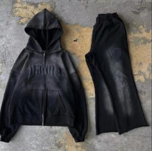 Ensemble de survêtements unisexe à capuche zippé et pantalon évasé, coupe ample, 100 % coton, style Y2K, avec logo personnalisé OEM, effet délavé à l'acide, pour l'hiver - Product Image 6