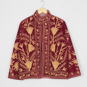Women Velvet Embroidered <b>Jacket</b> <b>Mandarin</b> <b>Collar</b> Lantern Sleeve Floral Boho Style Autumn Coat Handmade Suzani Pattern - Product Image 6