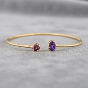 Amethyst Open <b>Bangle</b> <b>Bracelet</b> 925 Sterling Silver 14K Gold Plated Dainty February Birthstone Adjustable Jewelry - Product Image 2