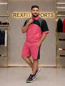 REXFIT SPORTS 2026 Ensemble de survêtement rose et noir personnalisé, veste zippée à manches courtes et short long, deux pièces, style streetwear - Product Image 5