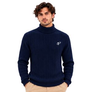 Pull col roulé côtelé bleu marine pour homme, manches longues, chaud et décontracté, tricoté, idéal pour l'hiver - Product Image 1
