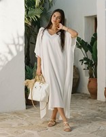 Robe Kaftan Longue Fluide en Lin Naturel Premium – Style Vintage Formel et Élégant, Respirante, Lavable, Faite Main, Coupe Ample, Ourlet Évasé