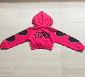 Custom Y2K Fleece Tracksuit Women Hot Pink Cropped <b>Zip</b> Hoodie Rhinestone Broken Heart Print Wide Leg Sweatpants Set - Product Image 3