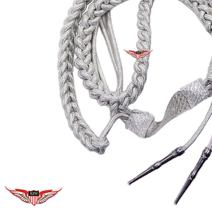 Cordones de hombro trenzados plateados tipo aiguillette, aiguillette retorcida con punta metálica plateada - Product Image 3