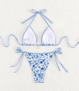 2 Piece <b>Bikini</b> Set with Halter Neckline Floral Pattern V-<b>Strings</b> Spandex/Nylon Fabric Custom Beachwear - Product Image 5