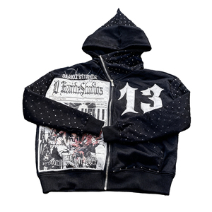 Sweat à capuche unisexe personnalisé en coton tricoté 300 g/m² avec broderie vieillie, fermeture éclair et strass, style streetwear, effet délavé - Product Image 1