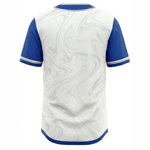 เสื้อเบสบอลแบบกำหนดเอง ยูนิเซ็กซ์ สีขาว-น้ำเงิน แขนสั้น ติดกระดุมด้านหน้า พิมพ์ลายแบบซับลิเมชั่น ระบายอากาศ แห้งเร็ว ผ้าโพลีเอสเตอร์ 180 กรัม สำหรับเล่นกีฬา - Product Image 6