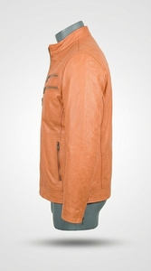 Chaqueta de Motociclista de Cuero Vacuno Naranja para Hombre, Cuello Alto, Cierre de Cremallera, Manga Regular, Estilo Biker Otoñal, Color Sólido, Alta Calidad - Product Image 3