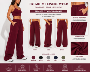 Women Relaxed Fit Wide Leg <b>Pants</b> Maroon Elastic Waist Soft Fabric Casual Lounge Wear Full Length Comfortable Sweatpants - Product Image 1