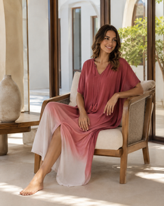 Robe longue kaftan bohème rose tie-dye personnalisée OEM pour femme, col en V, coupe moderne, 100 % coton écologique, toutes saisons, paréo de plage - Product Image 4