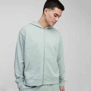 Sudadera con Capucha y Cremallera Extra Grande para Hombre, Verde Claro, 100% Algodón, Felpa Francesa, Estilo Casual para Otoño, Corte Regular, Diseño Liso - Product Image 1