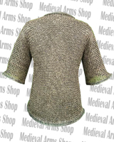 Handgefertigtes Mittelalterliches Kettenhemd mit Lederbesatz aus Weichstahl, Flachgenietete Ringe, Ritter-Hauberk-Rüstung für Historische Nachstellungen