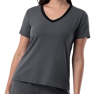 Camiseta de Manga Corta con Cuello en V para Mujer, Color Sólido, Tejido de Algodón, Estilo Casual, Corte Regular, para Primavera/Verano - Product Image 1