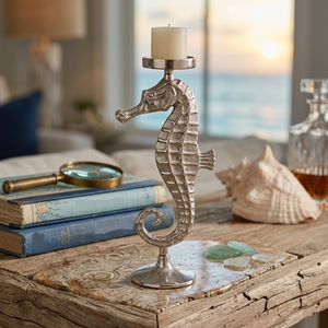 <b>Silver</b> Seahorse Pillar Candle Holder Aluminum Metal <b>Candlestick</b> Stand for Coastal Home Decor & Wedding Centerpiece - Product Image 1