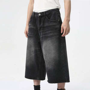 Short en jean bleu foncé pour homme, coupe ample, style rétro, avec fermeture éclair et bouton, pour l'extérieur - Product Image 4