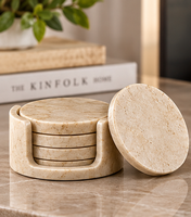 Ensemble de 4 sous-verres en marbre naturel de qualité supérieure avec support assorti, couleur ivoire beige chaud, sous-verres ronds pour table