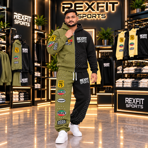 Rexfit sports2026 Custom Olive <b>Green</b> <b>Black</b> Men’s Zip Hoodie Tracksuit Set | Color Block Matching Jogger Pants | Wholesale Sports - Product Image 3