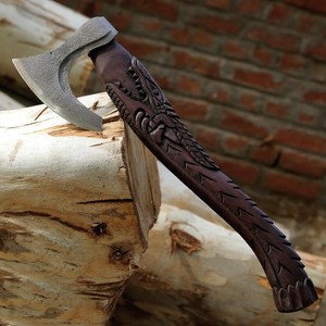 Hand Carved Wood <b>Handle</b> Tomahawk <b>Axe</b> Forged Steel Head Survival Hatchet Tool - Product Image 4