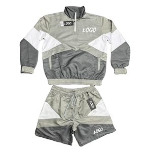 Chaqueta cortavientos con capucha 100% algodón estilo chándal con cremallera de un cuarto y pantalones cortos de secado rápido, traje para exteriores, pantalones cortos cortavientos forrados personalizados - Product Image 1