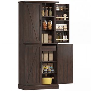 Modern 72\" Tall <b>Kitchen</b> <b>Pantry</b> Cabinet Farmhouse Style Oak Storage with 8 Door Racks and Adjustable Shelves Distressed Brown - Product Image 1