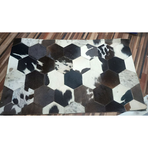 Distinctive Handmade Hair Hide Square Cowhide Quick-Dry Geometric <b>Leather</b> Block Patchwork Area Rug Floor Carpet for Living Rooms - Product Image 2