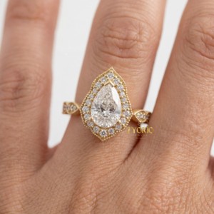 Bague de fiançailles en diamant taille poire de qualité supérieure, style vintage, sertie d'un halo, diamant de laboratoire, or massif 14 carats, cadeau de mariage pour femme - Product Image 2