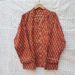 Sustainable Custom Block Printing Fabric Pajama Set With Long Sleeve Shirt & Elastic Waist Bottom Comfy Sleepwear Women Clothing - Product Image 2