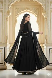 Ensemble Kurti Anarkali en georgette noire avec dupatta pour femme, deux pièces, manches longues, col en V, longueur mollet, tailleur prêt-à-porter - Product Image 3