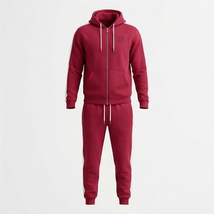 Men's Red Hooded <b>Tracksuit</b> Full Zip Solid Color Casual Sportswear With Side Pockets Regular Fit Autumn Wear - Product Image 1