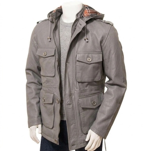 Veste en cuir véritable à capuche pour homme avec poches, fermeture éclair, style décontracté d'hiver, coupe régulière, coupe-vent, noire - Product Image 4