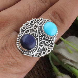 Handmade 925 Sterling <b>Silver</b> Lapis Lazuli Turquoise Bezel Setting Wedding <b>Ring</b> Natural Multi Gemstone Artisan Dotted <b>Statement</b> - Product Image 1